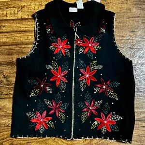 White Stag ~ Women’s 22W ~ Black W/ Red Floral Poinsettia Embroidery/Beaded Vest